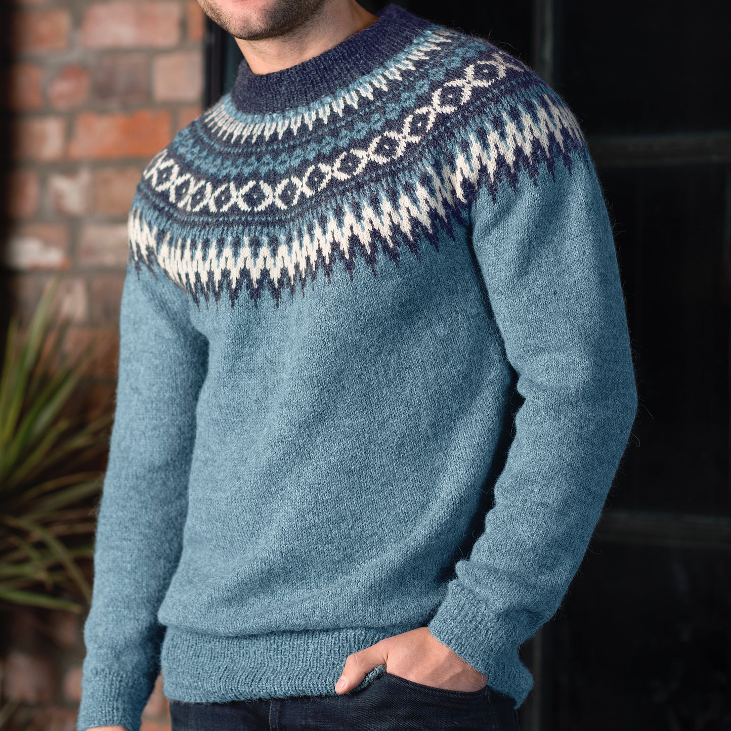 Strikk The Look: Rallar-genser herre lys denim