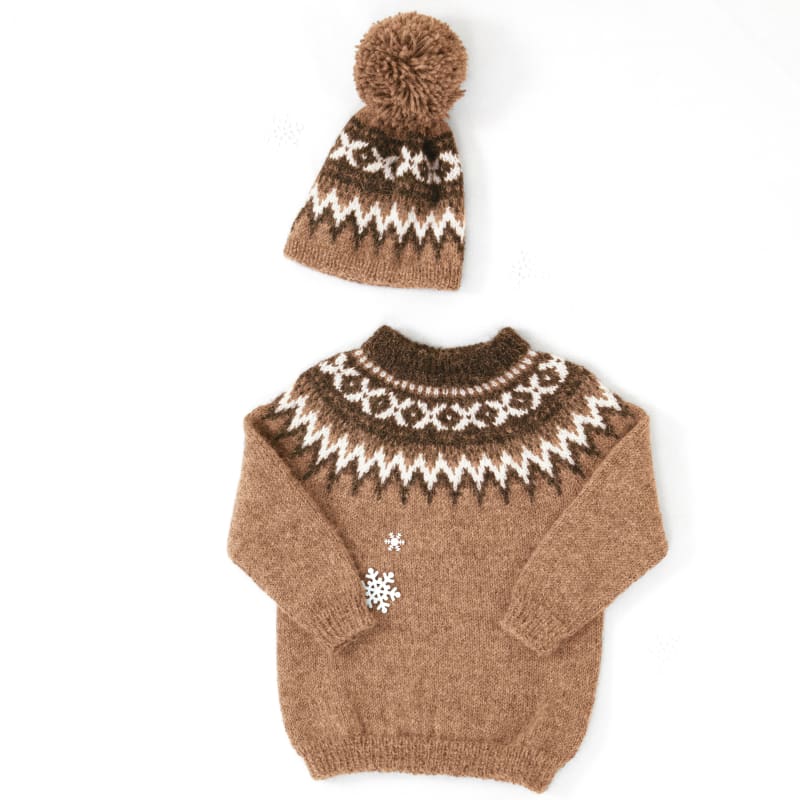 Strikk The Look: Raller-genser og lue barn kamel