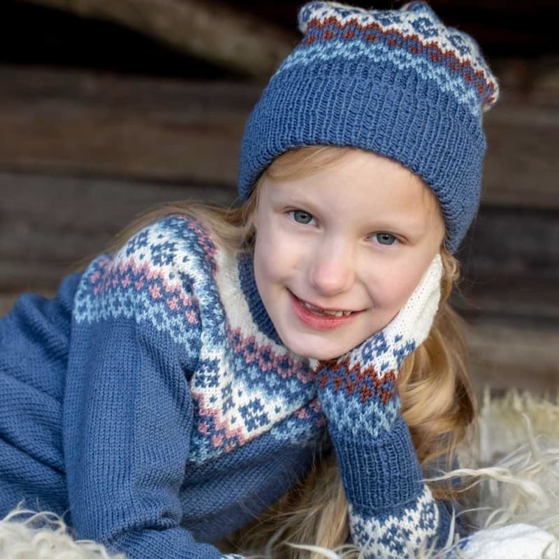 Strikk The Look: Rikke lue og votter barn denim