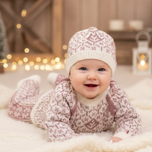 Strikk The Look: Ellinor genser, bukse og lue hvit/gammelrosa