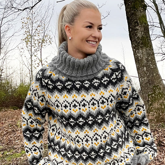 Strikk The Look: Drifa-genser dame lys grå/ gul