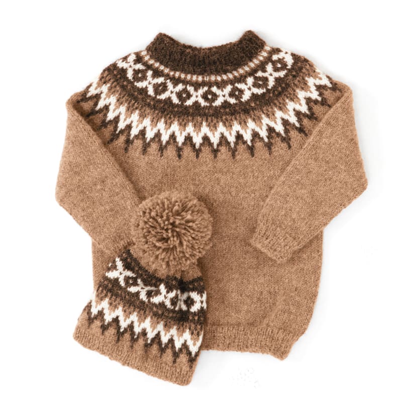 Strikk The Look: Raller-genser og lue barn kamel