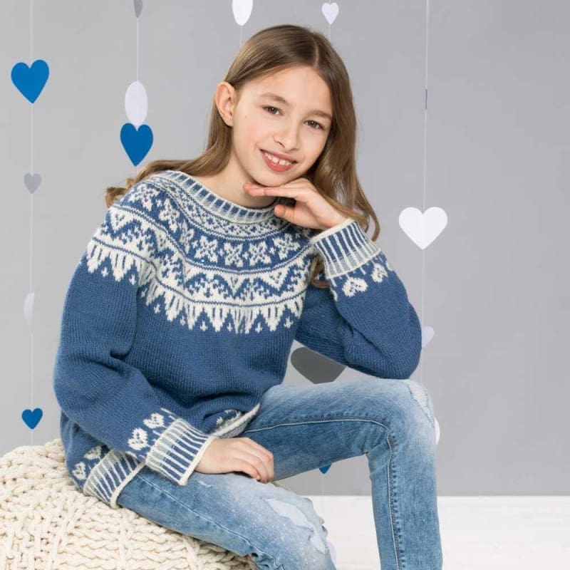 Strikk The Look: Vinterhjerter-genser 6-12 år blå